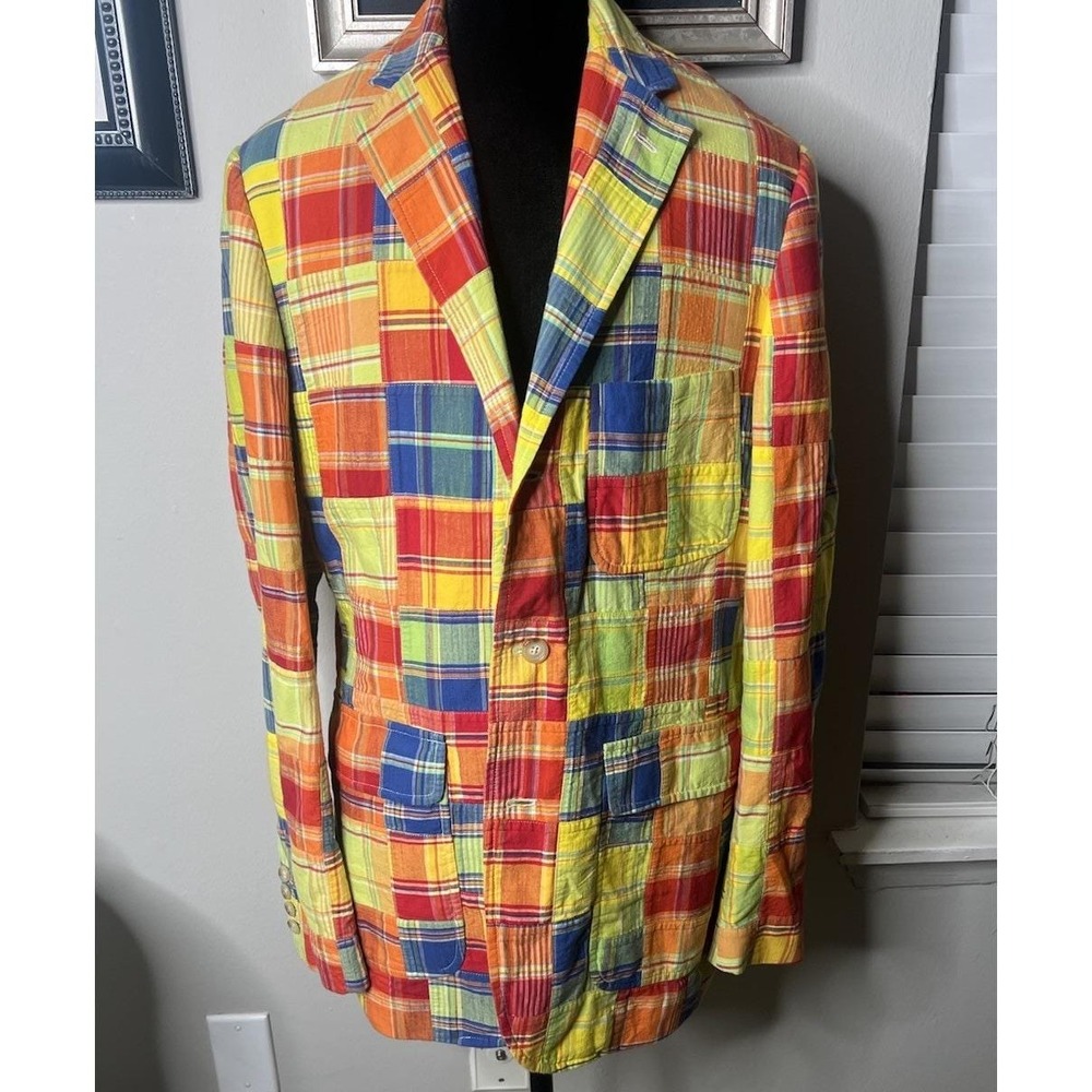 Vintage Polo Ralph Lauren Patchwork Plaid Madras Jacket Blazer Sport Coat M NWOT